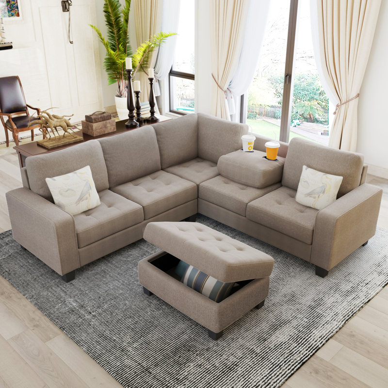 Canapé modulaire moderne en coin avec canapé en L et rangement pour repose-pieds, Brun