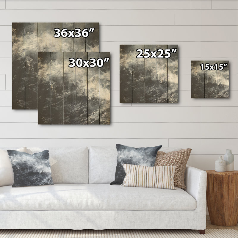 Tempête de vague noire et blanche I - art en bois océanique sur bois de pin naturel, H 30 po x l 30 po