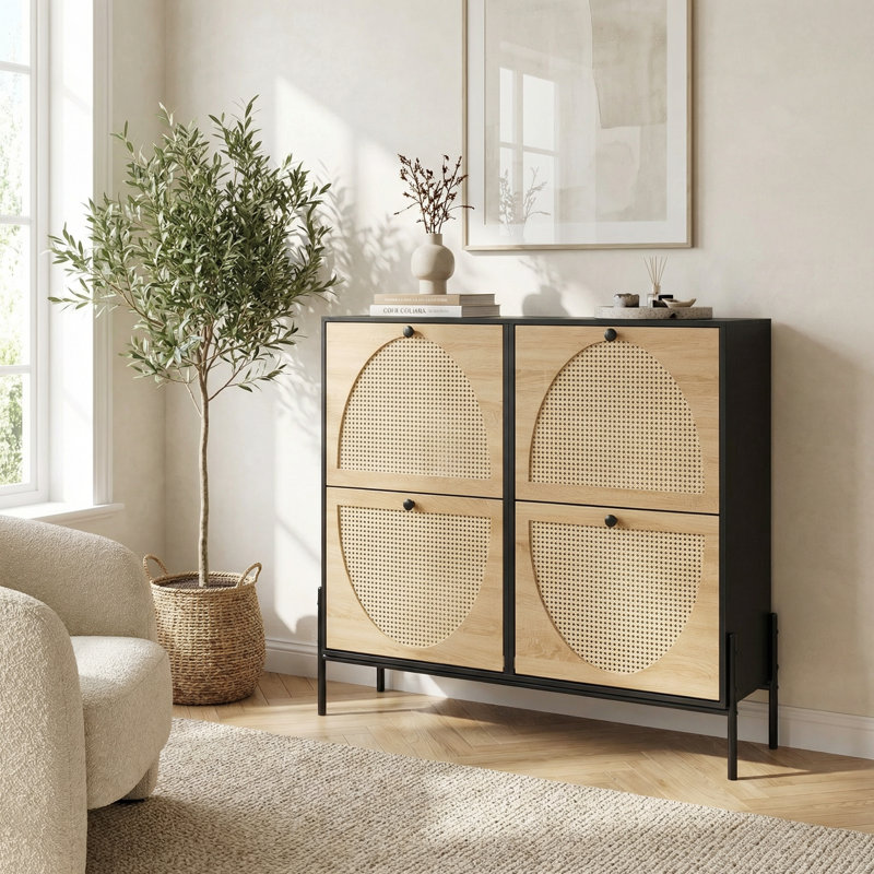 Armoire à chaussures peu encombrante avec quatre portes rabattables et décorations en rotin - Rangement autoportant étroit pour les entrées, les couloirs et les vestibules