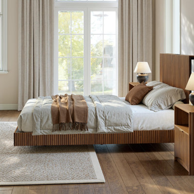 Full Floating Bed Frame With Headboard, Fluted Platform Bed With Led Lights, Heavy Duty Floating Bedframe With Charging Station, No Box Spring Needed