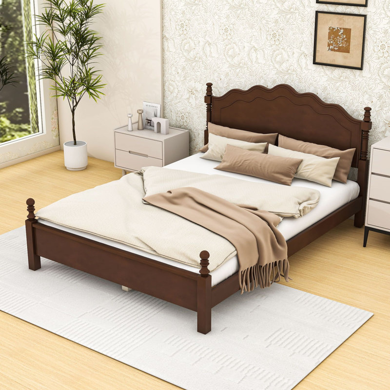 Base de lit plateforme avec tête de lit grand et courbé avec lattes en bois renforcé et pieds de soutien centraux, Queen