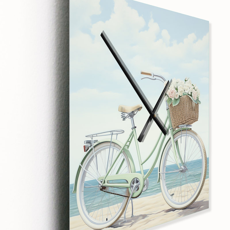 Vélo rétro bleu avec panier sur la plage - horloge murale de plage surdimensionnée, Grand