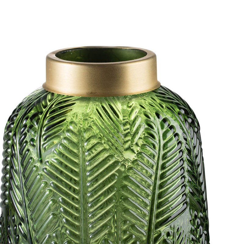 Dsy Floral Vase With Gold Rim, Embossed Fern Leaf, Green Glass 10 Inch, 9.6" H x 6.7" W x 6.7" D