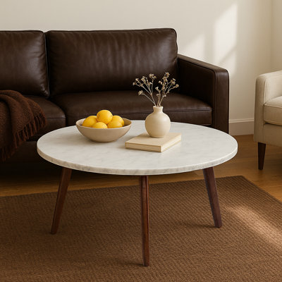 Andrea 31" Round Italian Carrara White Marble Coffee Table With Walnut Legs