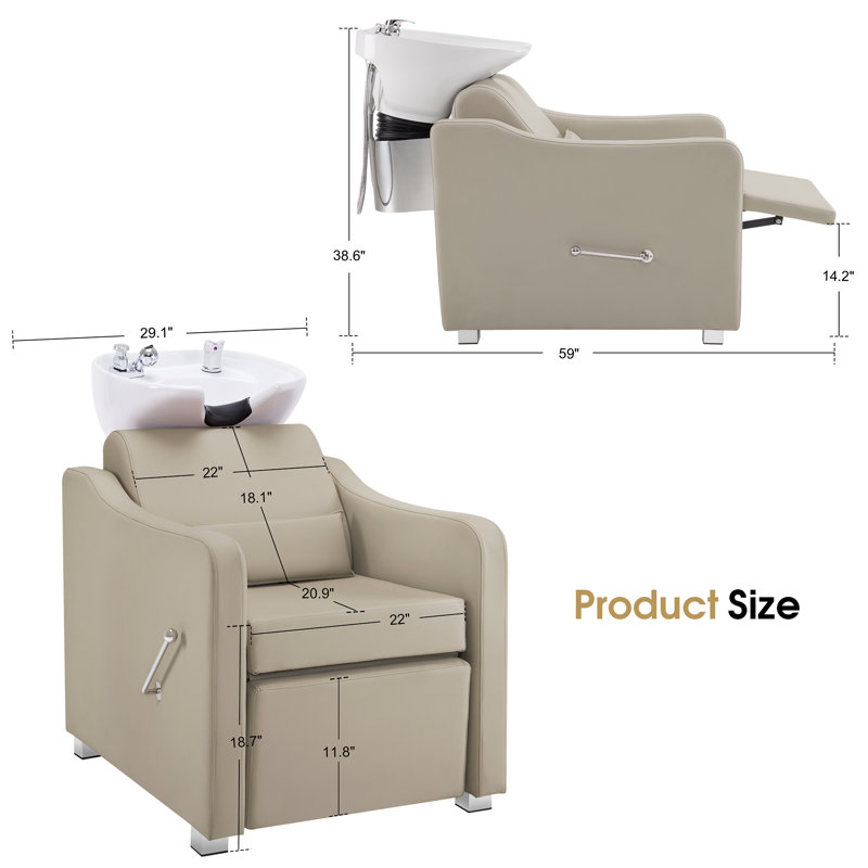 Fauteuil de station de shampooing Backwash, bol de lavage des cheveux en céramique réglable avec fauteuil, Similicuir crème