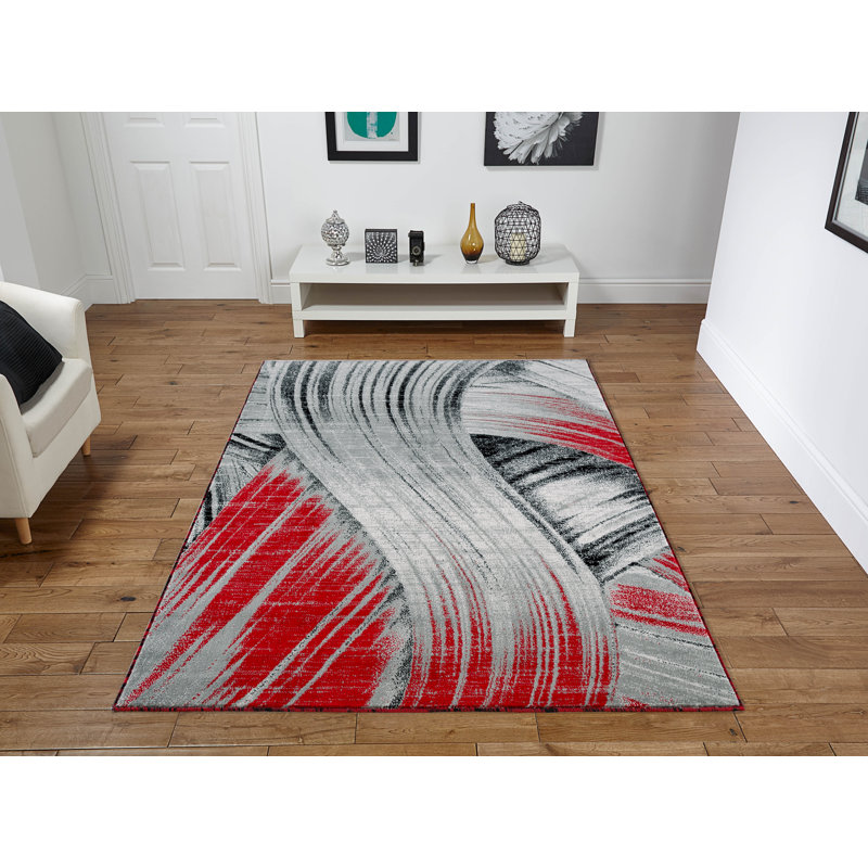 Tapis gris / rouge à motif abstrait, Rectangle 8 pi x 11 pi