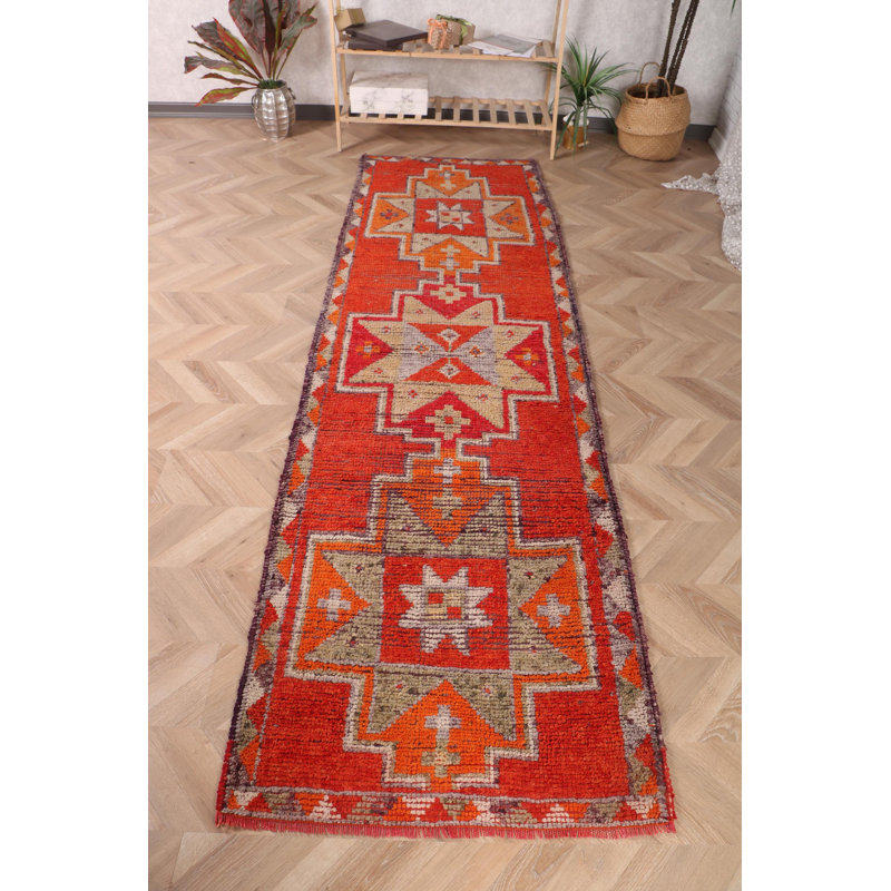 Tapis de couloir turc rétro fabriqué à la main avec un motif rouge bohémien pour un décor de couloir rustique