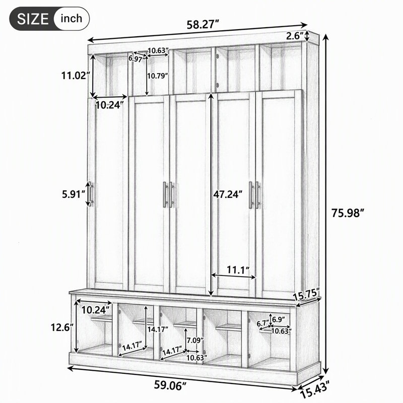 Meuble de rangement polyvalent pour entrée de style champêtre avec placard intégré, étagère à chaussures et casiers d'exposition