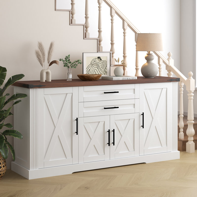 63" Farmhouse Barn Door Storage Cabinet with 2 Drawers & Door Rack, White