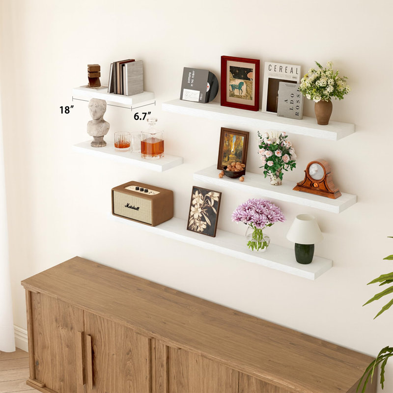 Solid Wood Floating Shelves，Rustic Wooden Wall Shelves, White, 1.25" H x 18" W x 6.7" D