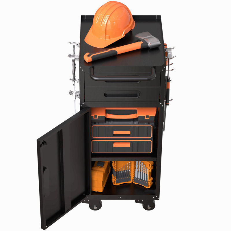 34.3" Narrow Rolling Tool Cabinet - Space-Saving Garage Storage With Lockable Door, 2 Drawers And Large Handle, Slim Metal Organizer For Tight Spaces