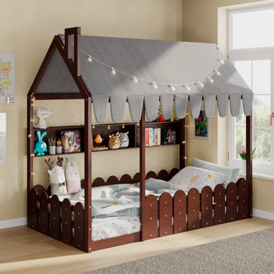 Lit simple Montessori espresso avec tablettes de rangement en bois