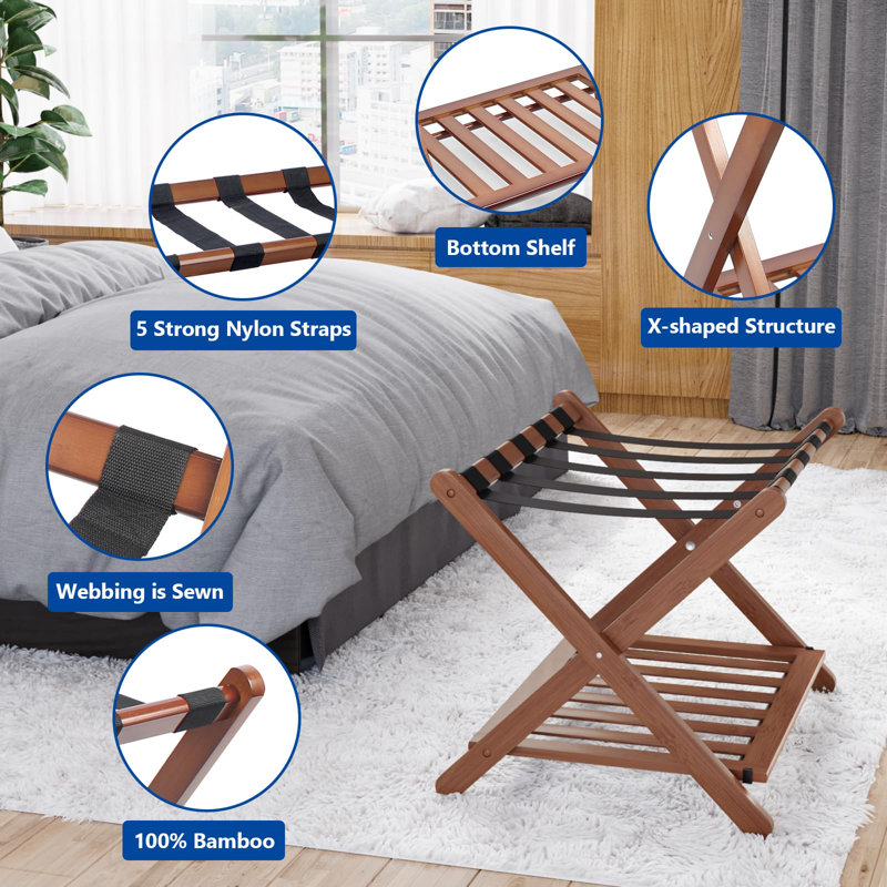 Walnut Foldable Luggage Rack Set with Nylon Straps