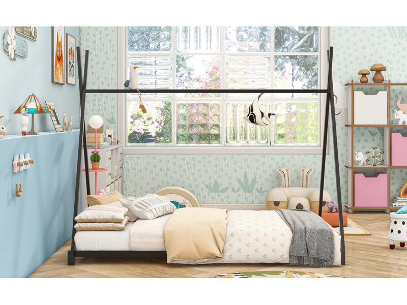 Metal House Platform Bed With Triangle Structure, Black