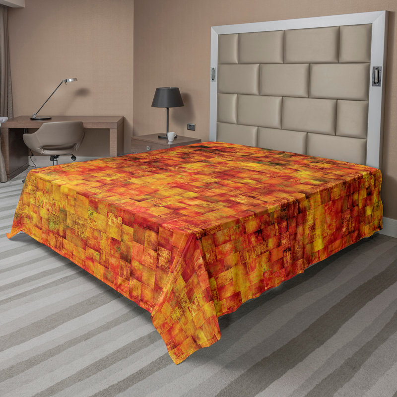 Ambesonne Top Flat Sheet Curving Art, King Flat Sheet, Orange Mustard Geometric