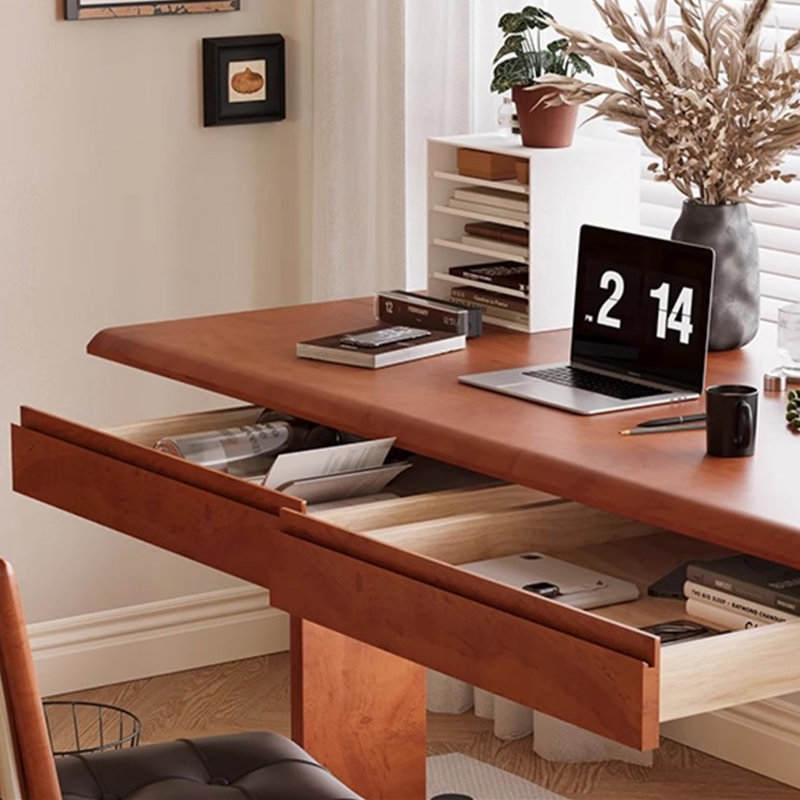 Bureau d'écriture rectangulaire à 3 tiroirs en bois massif brun rougeâtre, H 29,53 po x l 62,99 po x P 31,5 po