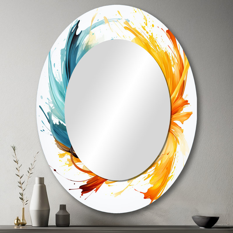 Mariage tourbillonnant d'ambre électrique et de bleu - miroir mural ovale moderne, 43 po x 33 po