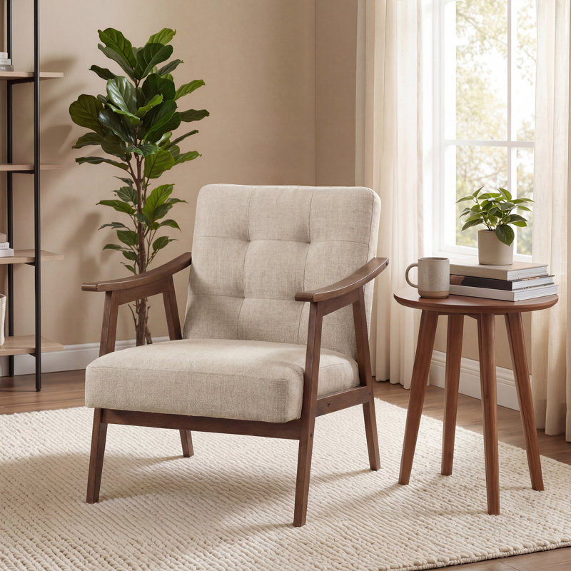 Lounge Chair with Thick Cushion, Mid Century Modern Accent Armchair  for Living Room, Bedroom, Beige/Brown Linen