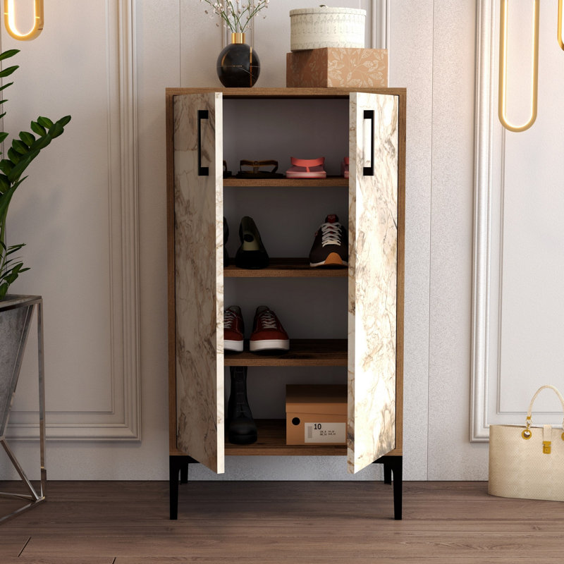 Stylish Shoe Cabinet with Multiple Shelves, Walnut & White Finish, 23.6 x 43.7 x 13.8 inches | 100% Melamine Coated Particle Board, Metal Legs, Plastic Handle | Wall Mountable, Perfect for Entryway & Storage Solutions