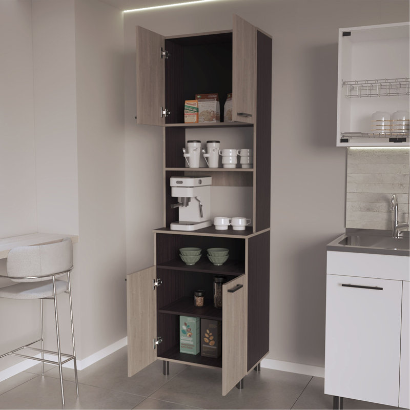 Garde-manger en chêne blanc et wengé avec rangement ouvert et 4 portes