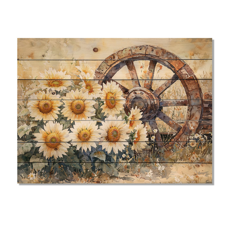 Tournesols par la roue du chariot - Décoration murale en bois de tournesols - sur bois de pin naturel