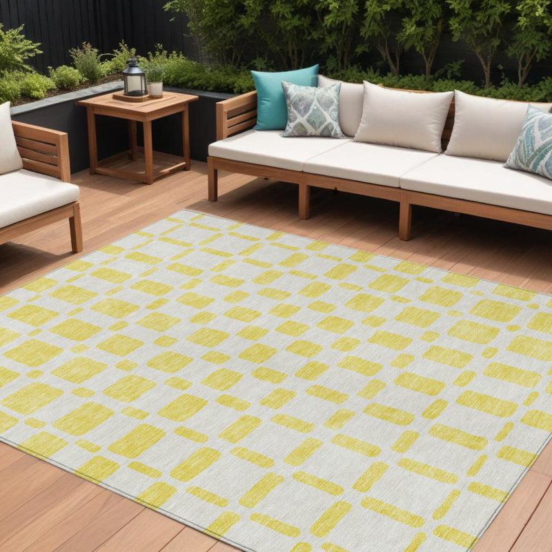 Tapis extérieur lavable à motif géométrique jaune et gris 10 pi x 14 pi