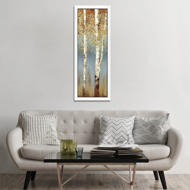 Butterscotch Birch Trees II by Allison Pearce - Panoramic Painting on Canvas, White Framed, 30.48 cm H x 91.44 cm W