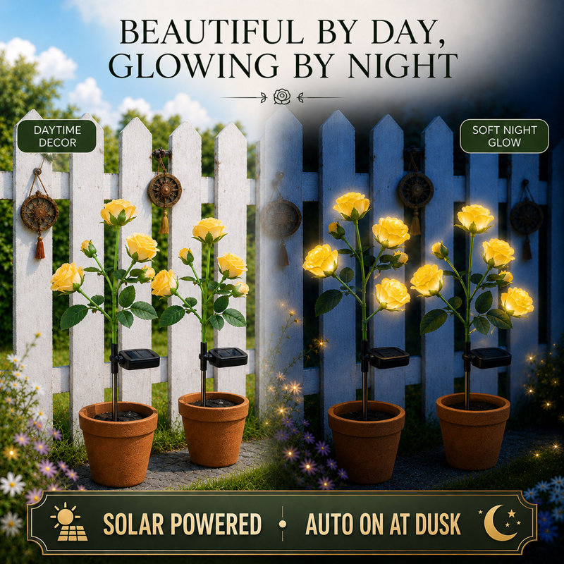 Solar Intergrated LED Pathway Lights Outdoor Waterproof Rose Lights for Garden Yard Patio and Mom's Day Gift, Yellow