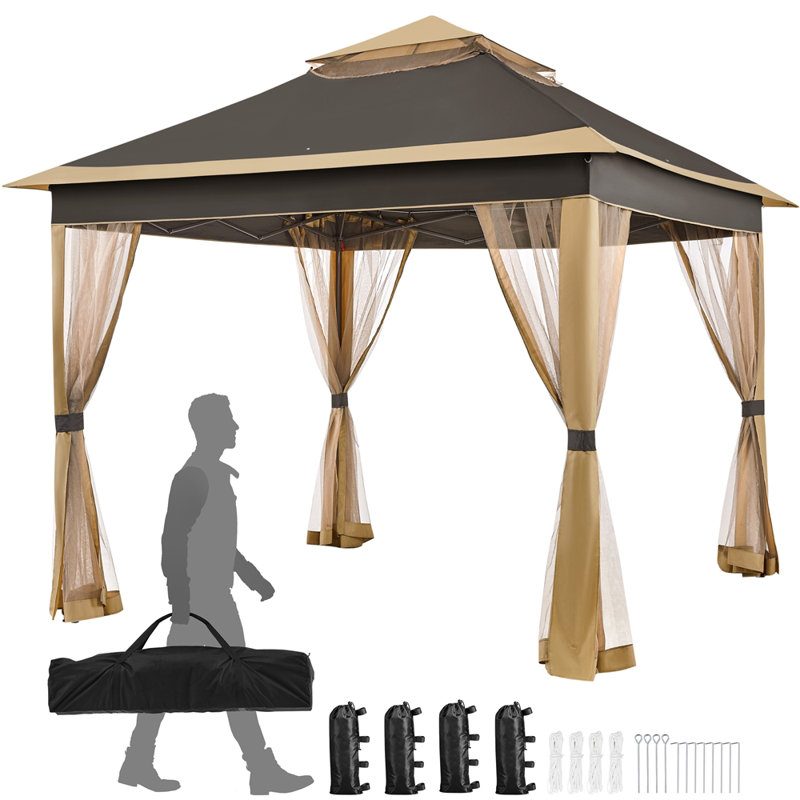11x11 ft Brown Polyester and Metal Pop-Up Gazebo Tent