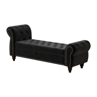 64.5" Bed Bench For Bed Room Nails Tufted Chaise Of Lounge With Storage Velvet Upholstery Black