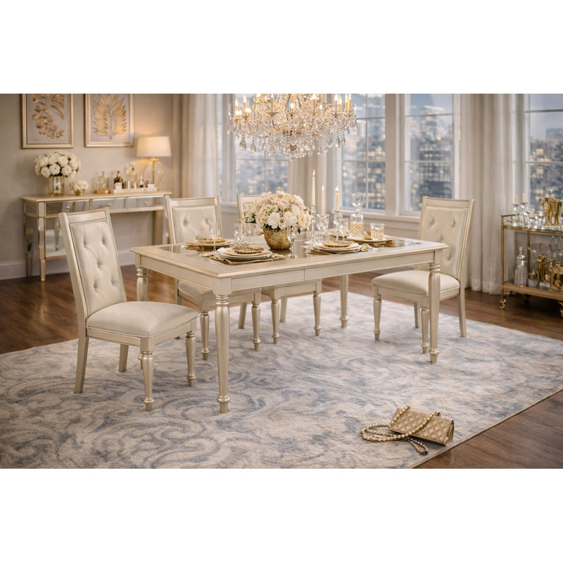 Adrianna Glam Champagne Silver 60"–78" Extendable Dining Table with Glass Insert Top, Seats 6