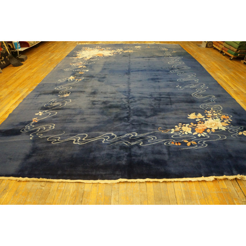 Antique Wool Hand Knotted Pile Blue 1920s Rug
