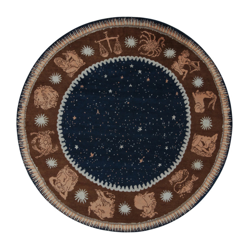 Rug & Kilim’S French Deco Circle Rug In Blue, Beige-Brown Zodiac Pictorial, Rectangle 6' x 9'
