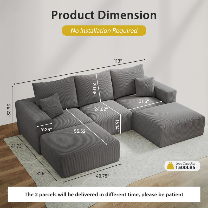 Canapé modulaire 113 pièces en forme de U de 113 po, Velours côtelé gris