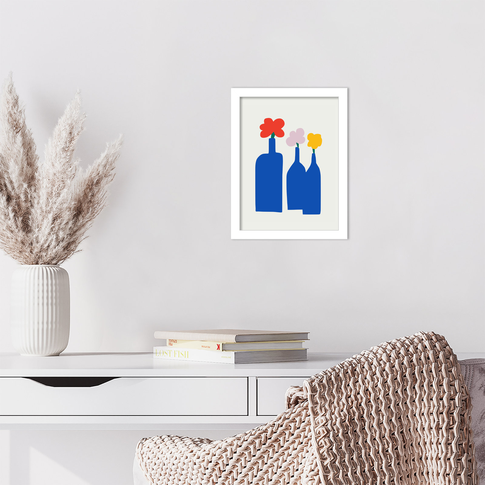 Blue Bottle Vase Print by Little Dean, White, 13" H x 10" W