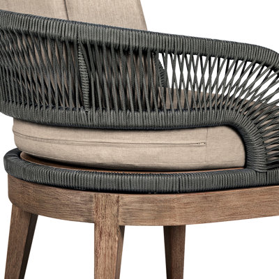 Ensemble de salle à manger d'extérieur Orbit 5 pièces avec coussins en bois d'eucalyptus vieilli, corde grise et taupe, facile à nettoyer et à entretenir, résistant au soleil.