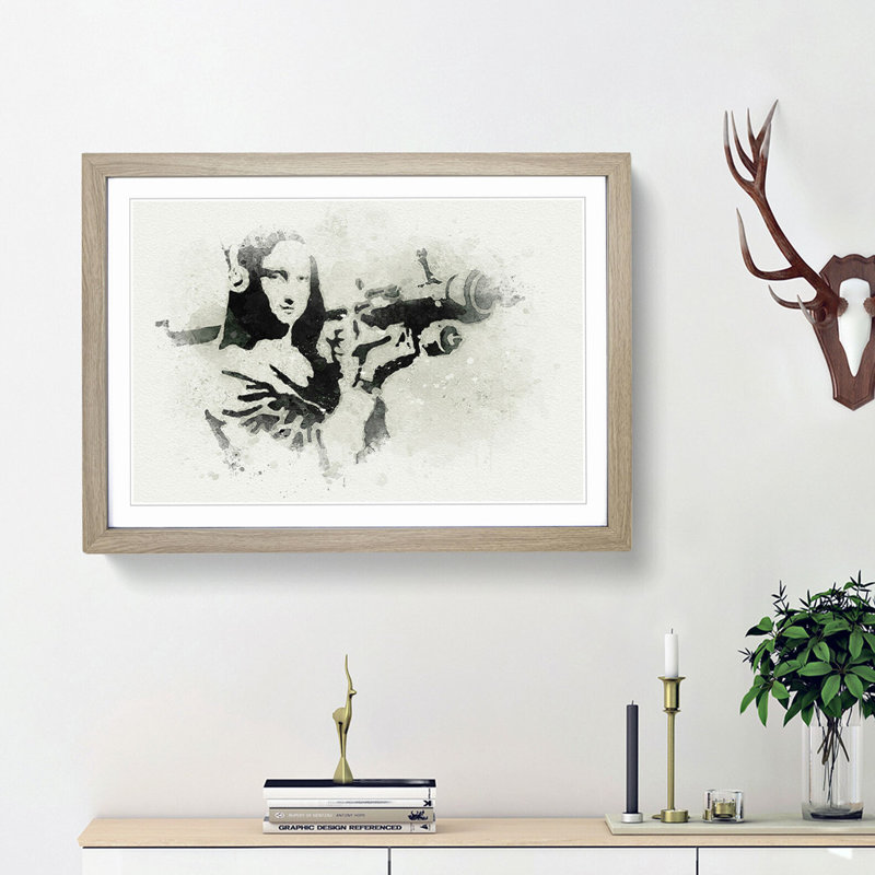 Mona Lisa by Banksy - Picture Frame Graphic Art Print on MDF, 27cm H x 36cm W x 2cm D, Oak Framed