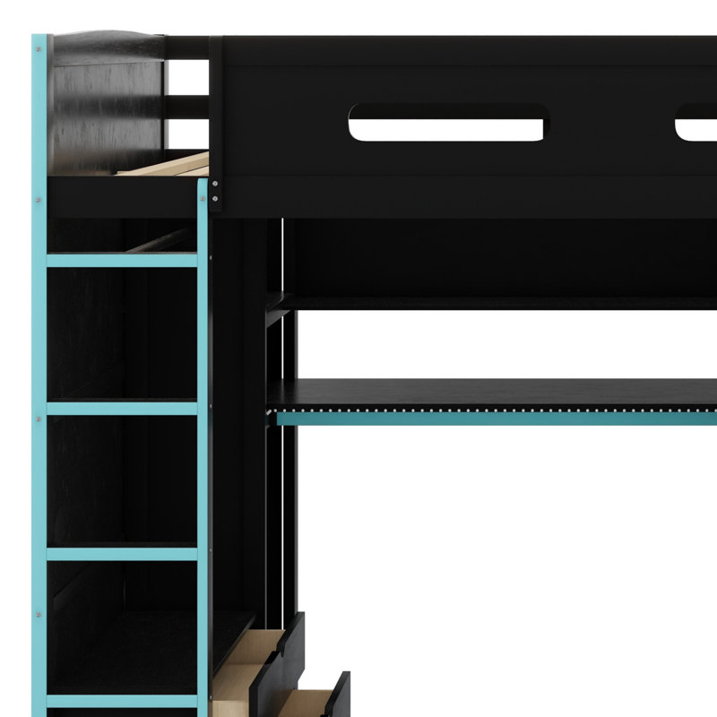 Lit mezzanine en bois avec bureau, garde-robe, grand espace de rangement et lumière DEL RVB, Bleu nuage