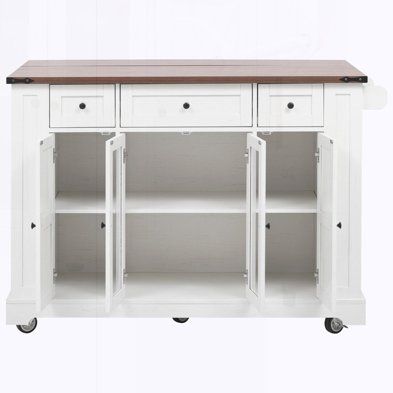 Îlot de cuisine avec deux portes d'armoire en verre trempé, prise de courant, Blanc