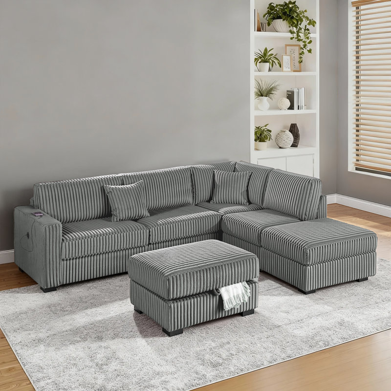Canapé modulaire modulaire 3 pièces avec charge USB et repose-pieds avec rangement, Chocolat