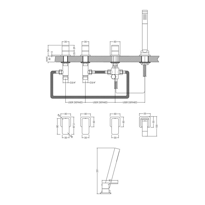 Windon 3 Handle Deck Bath Shower Mixer Bath Filler with Diverter