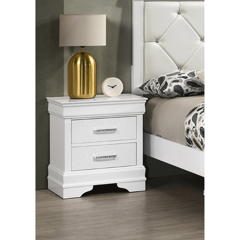 Table de chevet blanche moderne avec 2 tiroirs - Bois massif, finition texturée en diamant pour la chambre à coucher en blanc, tiroirs en bois et apparence