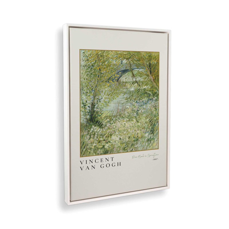 Van Gogh's River Bank au printemps v3, H 36,75 po x l 24,75 po, Cadre flottant blanc opaque