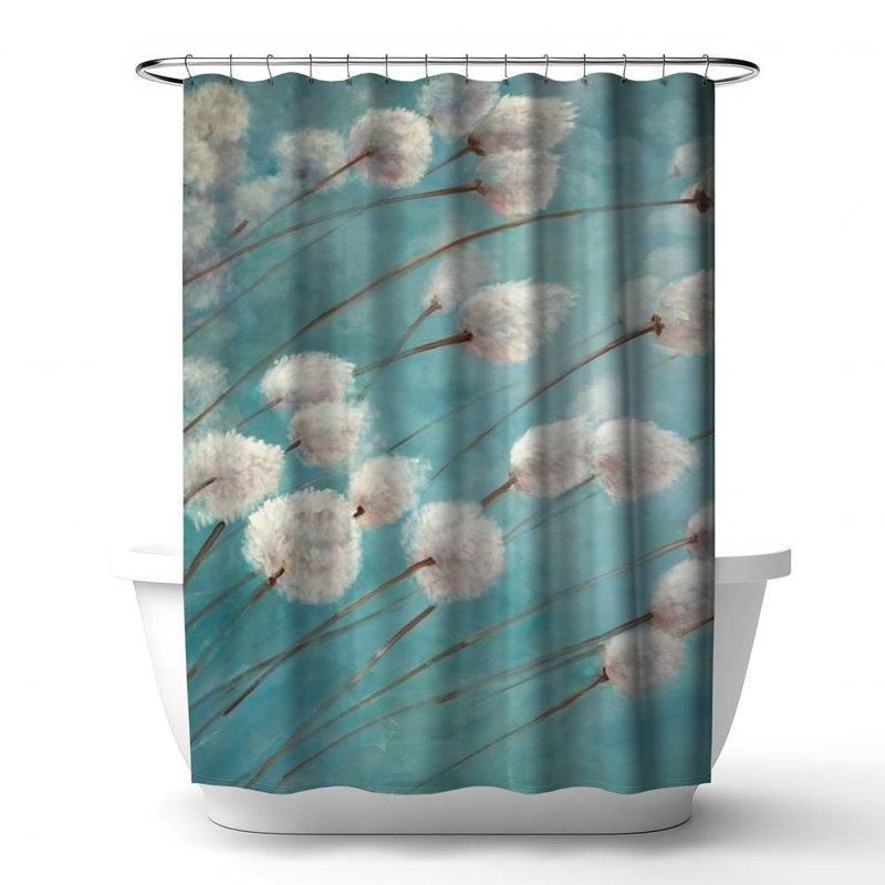 Cotton Grass Botanical Blue – Polyester Shower Curtain, Dye Sublimation Print, 71" W × 74" L, Blue/White/Gray Floral 28
