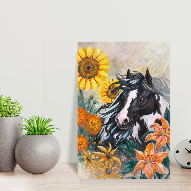 Cheval parmi les tournesols, art abstrait coloré de dahlia, H 18 po x l 12 po
