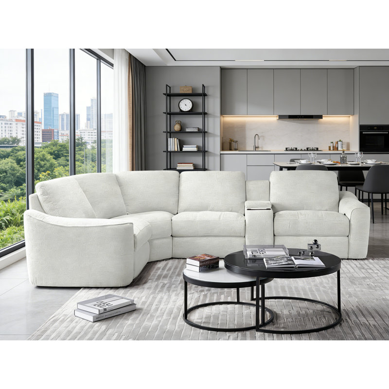 Luxurious 5-Piece Electric Power Reclining Sectional Sofa With Hidden Storage & Wireless Charging, White Polyester Blend