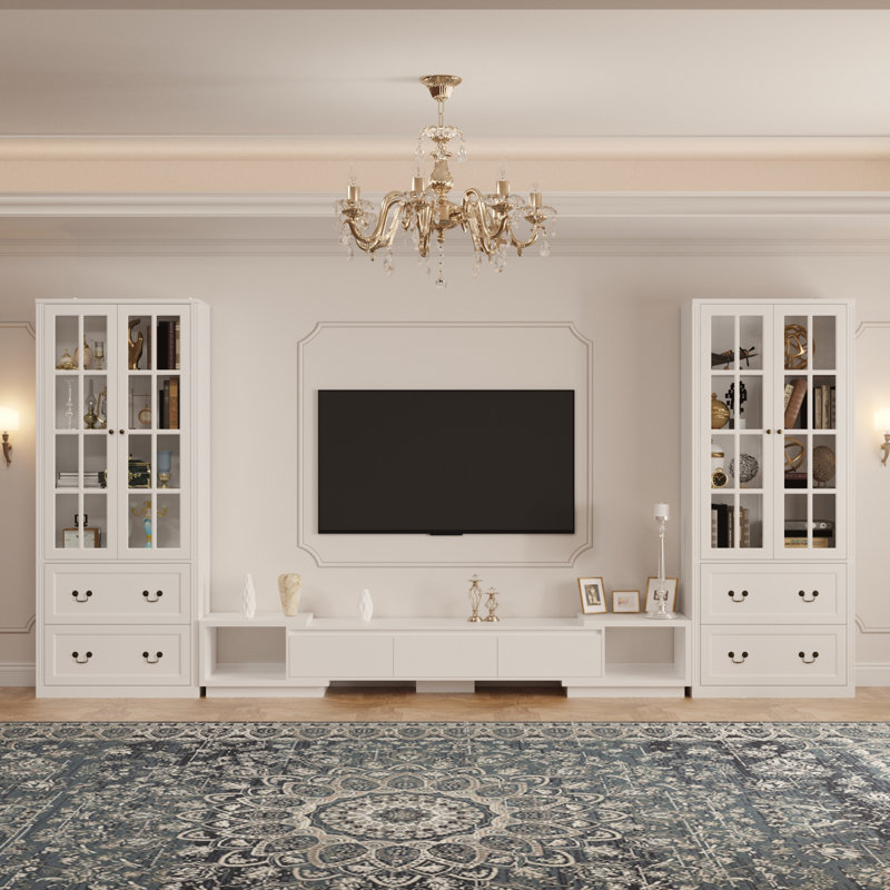 Engineered Wood Adjustable Entertainment Center With Extendable Tv Stand And Glass Door Bookcases (3-Piece Set), White