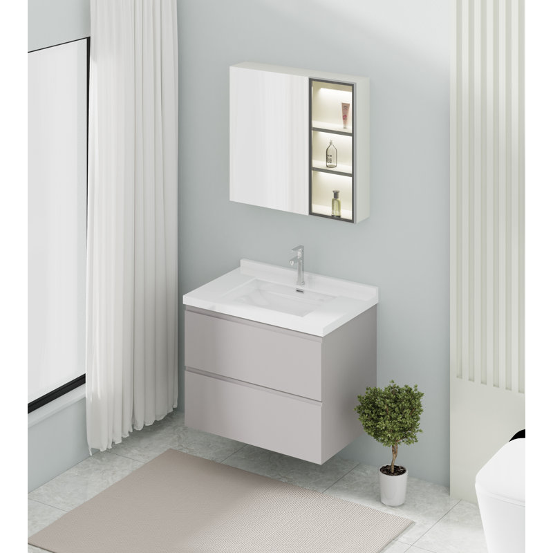 Meuble-lavabo mural simple 31,5 po avec plateau en acrylique Gowanus, gris