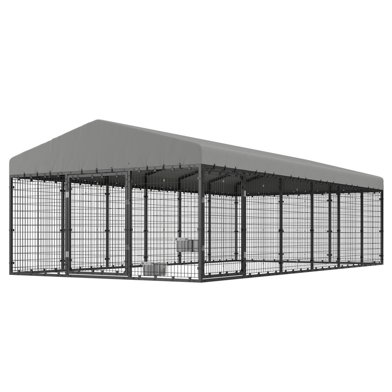 Chenil d'extérieur robuste 10 x 20 x 6,5 pi - Cadre en acier avec filet renforcé, portes doubles et toit imperméable, chenil sécuritaire pour la cour, les animaux de compagnie et les chiens de ferme