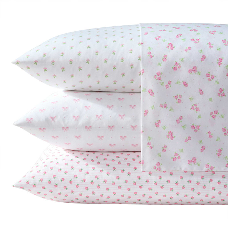 Laura Ashley Kids Cozy Printed Sheet Sets, Full Sheet Set with 2 Pillowcases, Lovely Bows Pink